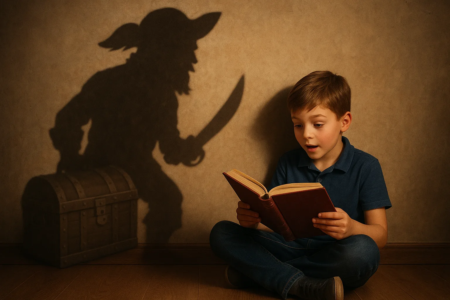 Мальчик с книгой на полу, тень изображает пирата с сундуком