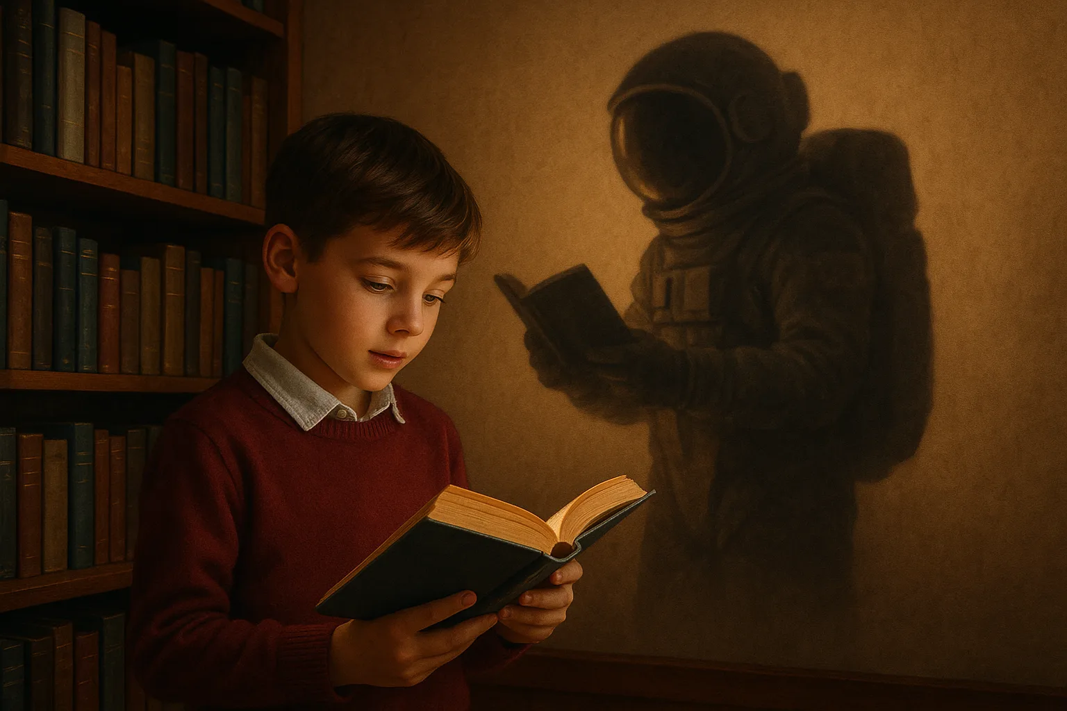 Мальчик читает в библиотеке, тень изображает космонавта с книгой