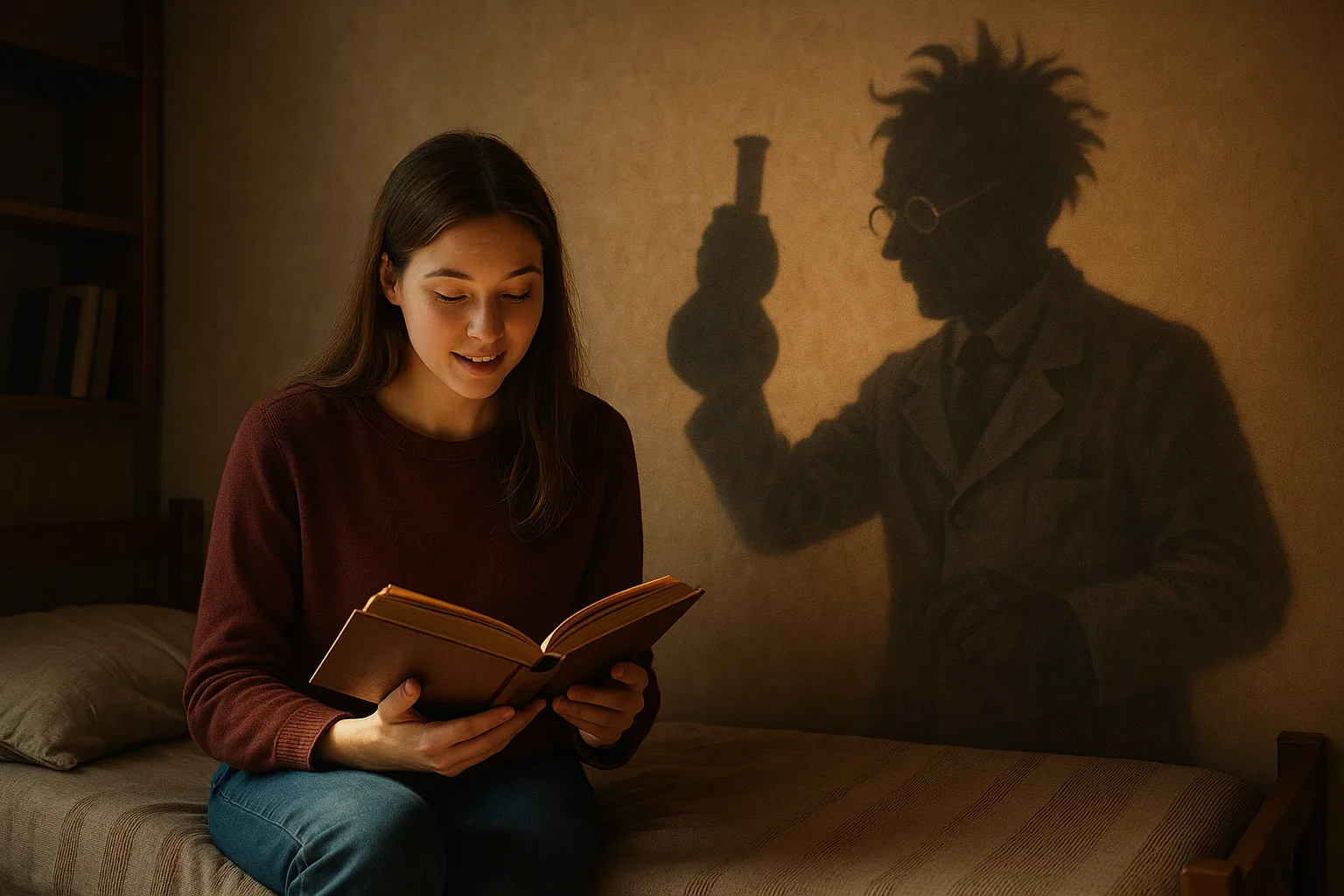 Девушка в комнате читает, тень изображает гения-научного изобретателя