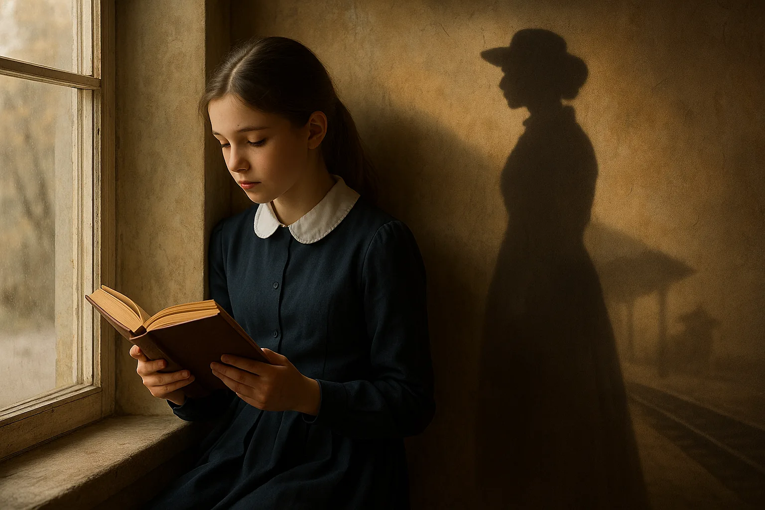 Девочка читает книгу, её тень изображает Анну Каренину на вокзале