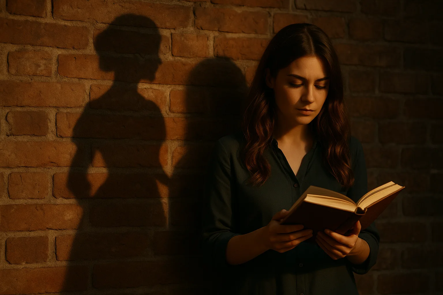 Девушка с книгой, тень изображает даму XIX века