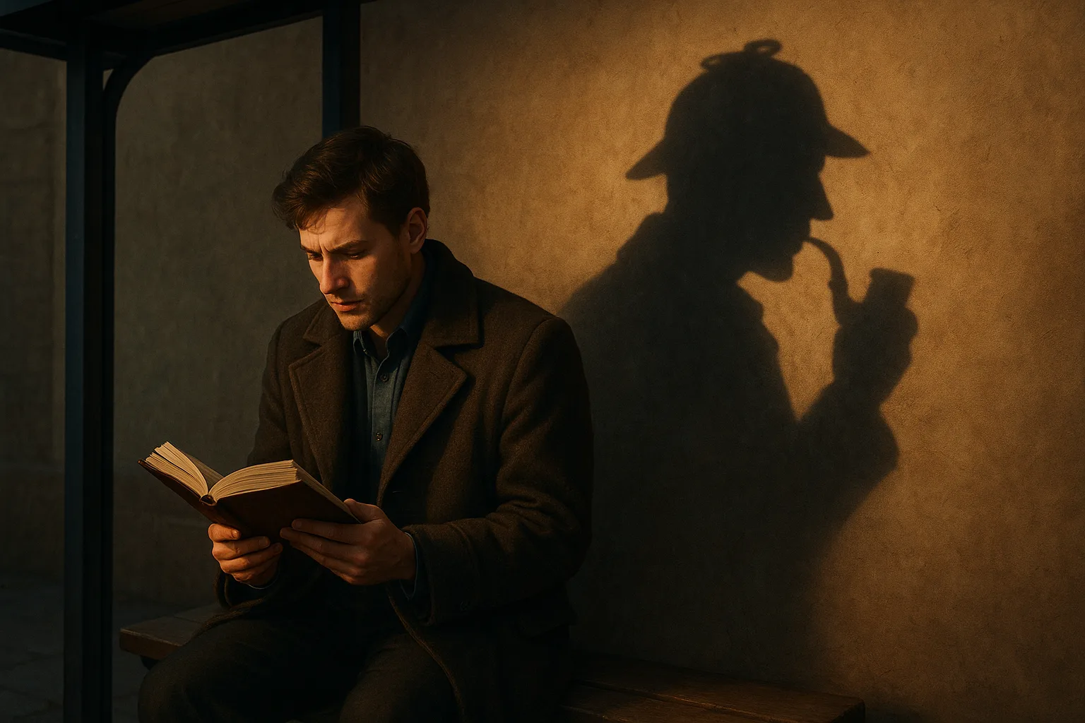 Человек на остановке с книгой, тень изображает Шерлока Холмса